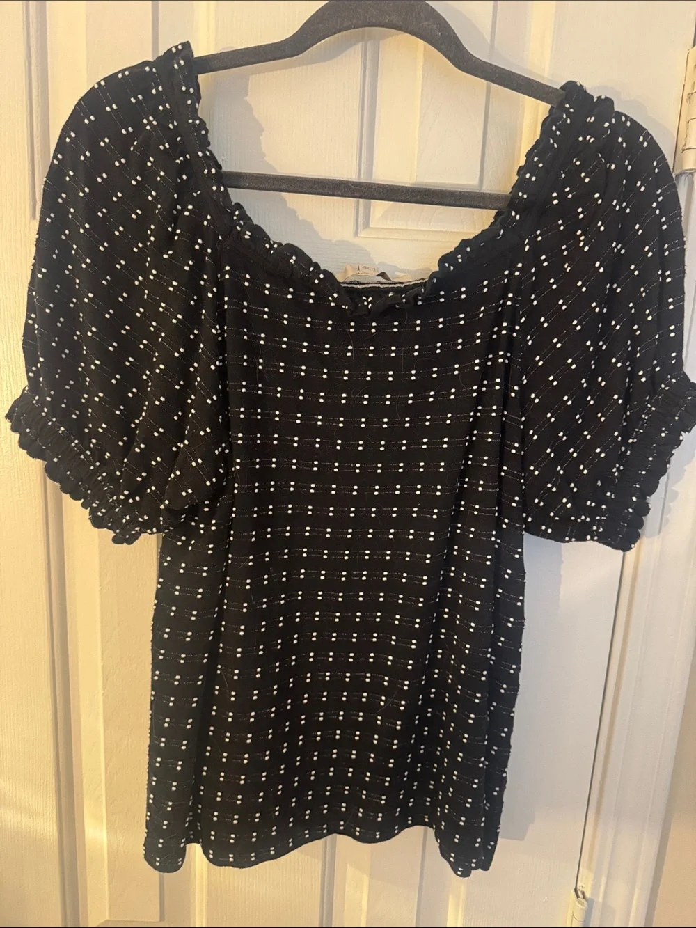 LOFT Black Off-Shoulder Blouse with White Dot Grid